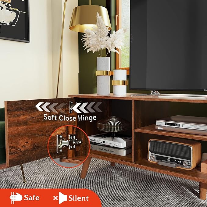 WLIVE TV Stand for 55 60 Inch TV, mid Century Modern Entertainment Center with 2 Cabinets Storage & Adjustable Shelf, Media Console Table for Living Room, Bedroom, Media Furniture, Retro Brown