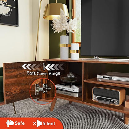 WLIVE TV Stand for 55 60 Inch TV, mid Century Modern Entertainment Center with 2 Cabinets Storage & Adjustable Shelf, Media Console Table for Living Room, Bedroom, Media Furniture, Retro Brown