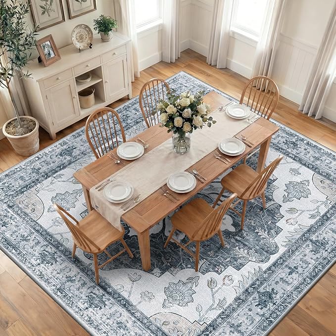 RELEANY Area Rugs Square 10ft Washable Non-Slip, Floral Vintage Distress Print Pattern Medallion Carpet for Living Room Bedroom Dining Room, Light Gray Grey White