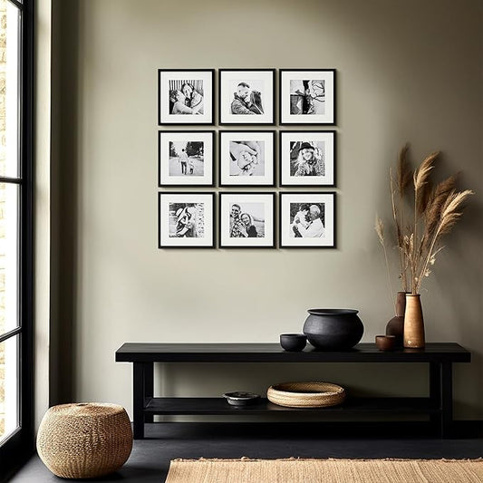 ArtbyHannah Photo Collage Frames for Wall, 10x10 Inch Square Picture Frame for Living Room or Staircase Decoration (Black, 9 Pack)
