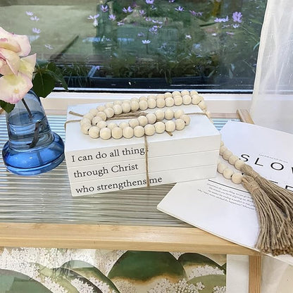 Decorative Books for Home Decor, White Faux Books for Decoration, Rustic Farmhouse Stacked Books with 52in Wood Bead Garland for Coffee Table Mantle Fireplace (I can do All Things Through Christ)