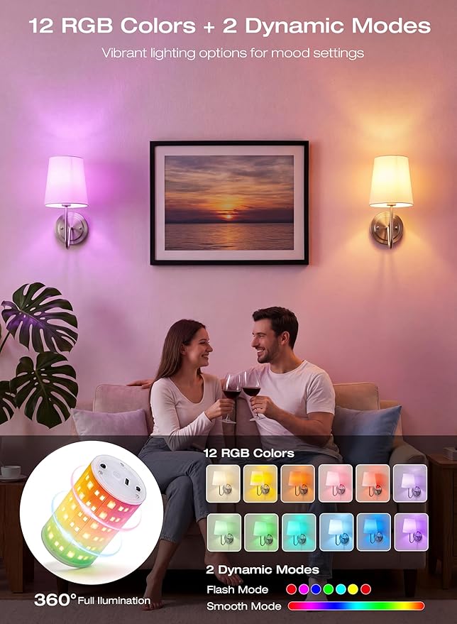 CLOUDY BAY Battery 10000mAh Operated Wall Sconces,Up to 100 Hours with Rechargeable RGB Dimmable Magnetic Bulb,Cordless Wall Lighting Fixtures with Remote for Bedroom,Brushed Nickel,2 Pack-12inch