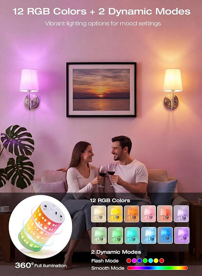 CLOUDY BAY Battery 10000mAh Operated Wall Sconces,Up to 100 Hours with Rechargeable RGB Dimmable Magnetic Bulb,Cordless Wall Lighting Fixtures with Remote for Bedroom,Brushed Nickel,2 Pack-12inch