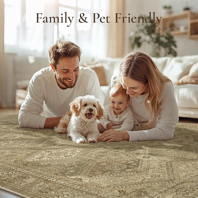 GENIMO 5x7 Area Rugs for Living Room, Machine Washable Non Slip Vintage Rugs, Low Pile Lightweight Print Rug for Bedroom, Dining Room, Home Office, Tan Brown