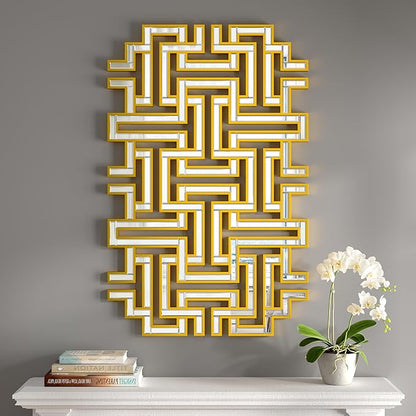 KOHROS Large Modern Gold Wall Mirror - 46.5"x30" Geometric Maze Design Decorative Mirror