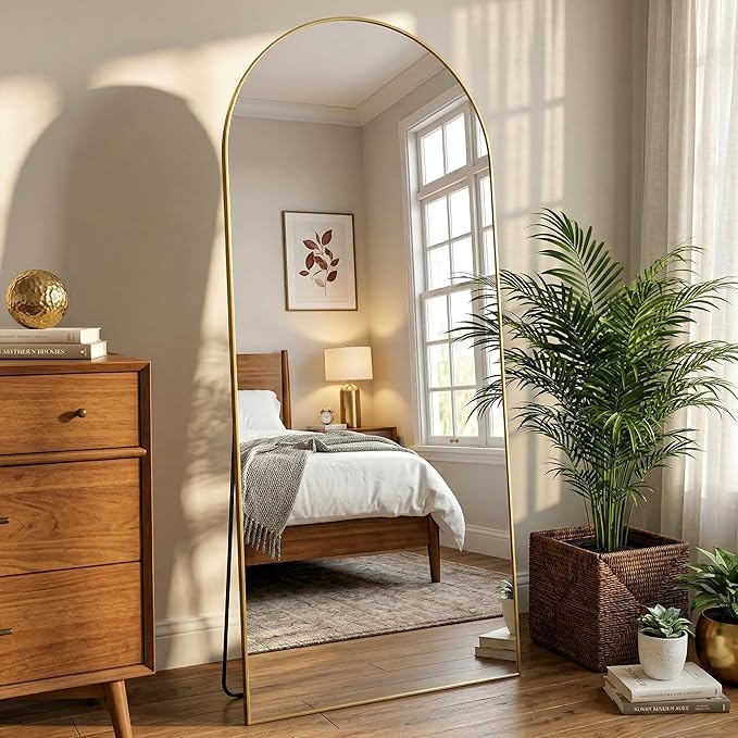 Arched Full Length Mirror 69 x 28 Inch, Full Body Mirror with Stand, Standing Hanging or Leaning Against Wall, Metal Frame Floor Mirror for Bedroom, Living Room, Cloakroom,Gold