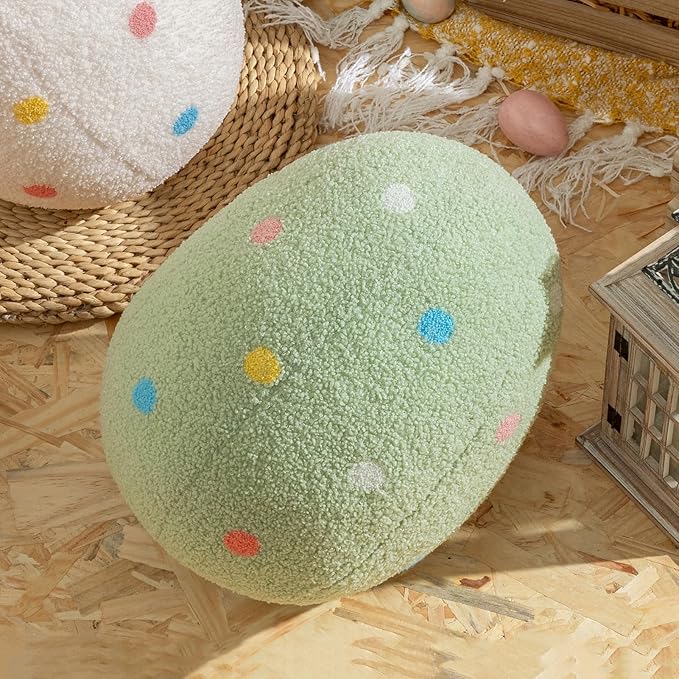 Ashler Egg Shaped Throw Pillow, Spring Home Decor, Teddy Fabric Decorative Cushion with Colorful Polka Dots Embroidery, Soft Pillow for Bedroom Living Room Couch, 14x11 in
