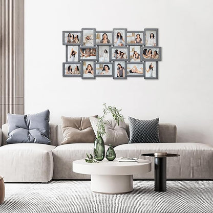J.M.Deco Collage Picture Frames for Wall Decor, 18-Opening Reunion Family Friends Picture Frame Set, 4 x 6 Photo Frames Collage for Living Room Bedroom, Ashes