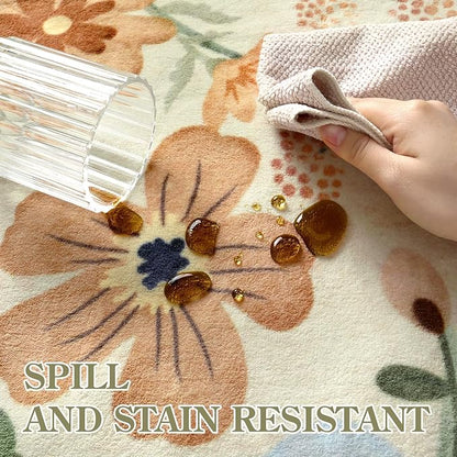 Lahome Floral Washable Round Area Rug, Soft Round Rugs 6ft Ultra-Thin Non-Slip, Boho Large Circle Carpet for Bedroom Living Room Kitchen Nursery Flore, Beige