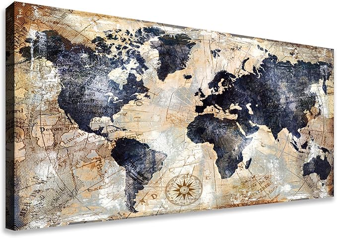 Framed Vintage World Map Canvas Wall Art Navy Blue and Tan Rustic Distressed Style Large Horizontal Print for living Room Bedroom Dining Office Home Artwork Size 36 x 70 in