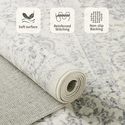 Rugxara 6x9 Washable Area Rug for Living Room, Neutral Vintage Large Boho Rugs for Office, Dining Room, Kids Room, Farmhouse, Durable Low Pile Non Slip Carpet for High Traffic Areas, Light Grey