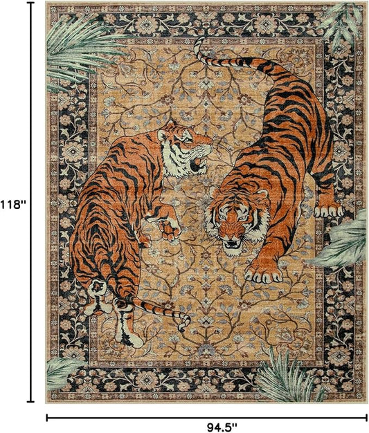 Moynesa Tiger 8x10 Area Rug, Washable Boho Rugs for Living Room, Vintage Large Soft Dining Room Rug, Non Slip Ultra Thin Stain Resistant Floor Carpet for Home Office Bedroom, Camel