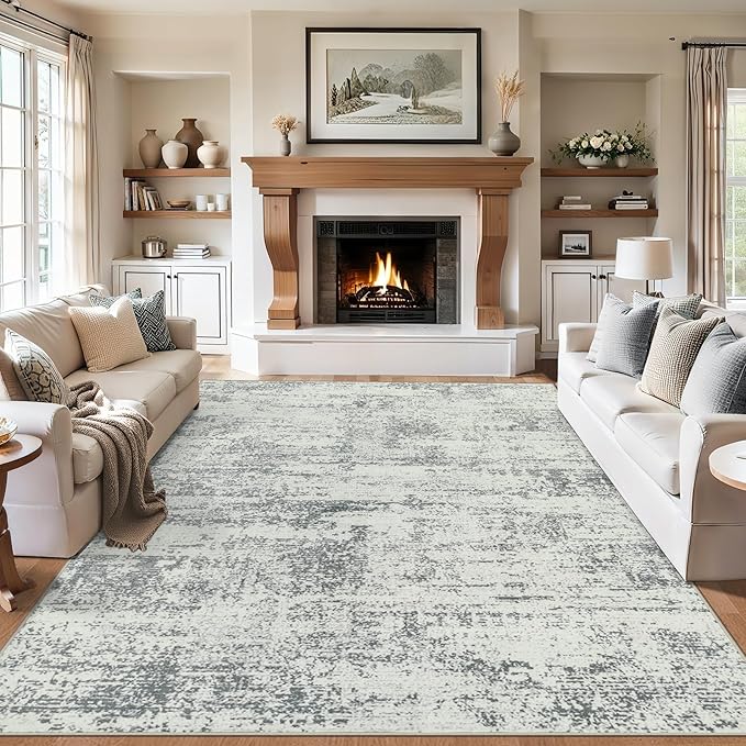 Area Rugs 10x12 Living Room - Washable Rug Modern Abstract Soft Large Neutral Non-Slip Carpet Indoor Floor Thin Carpets for Bedroom Dining Room Farmhouse Nursery Home Office Grey