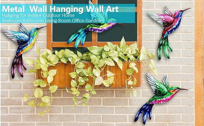 4 Pack Outdoor Garden Wall Art Decor Metal Hummingbird, 3D Colorful Garden Birds Sculpture, Metal Hand made Bird Wall Art Decorations for Fence Patio Balcony Living Room (purple)
