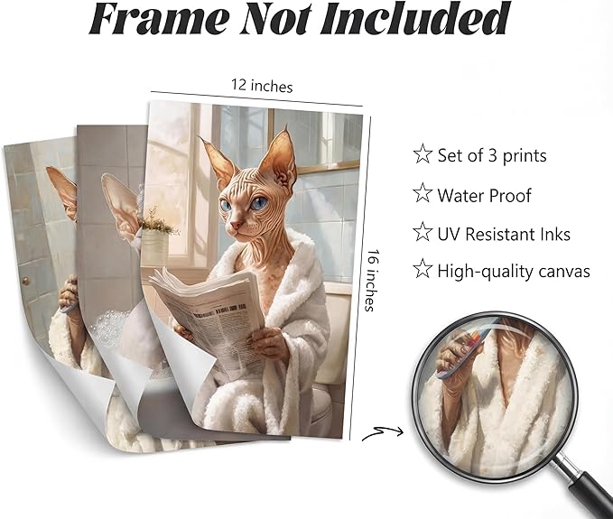 3pcs Funny Bathroom Cat Canvas Wall Art Sphynx Cat Posters Prints Paintings Eclectic Animal Bathroom Wall Decor Pictures for Restroom Toilet Home Decoration Unframed