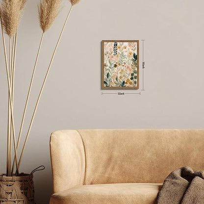 Framed Boho Floral Wall Art, Neutral Botanical Wildflower Canvas Wall Decor Painting, Vintage Flower Poster Print Picture for Living Room Bathroom Bedroom 12x16 Inch