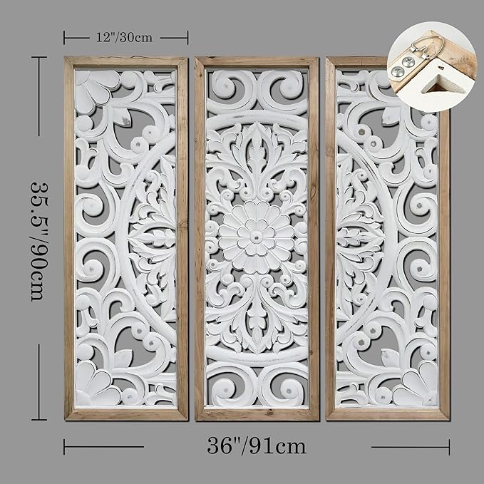 XIAOAIKA Wood Wall Art Vintage Carved Panels, Rustic Farmhouse Wall Decor with Solid Wood Frame, White Distressed Floral Scroll Design, Boho Artwork for Living Room Bedroom, Set of 3 Each 35.5" x 12"