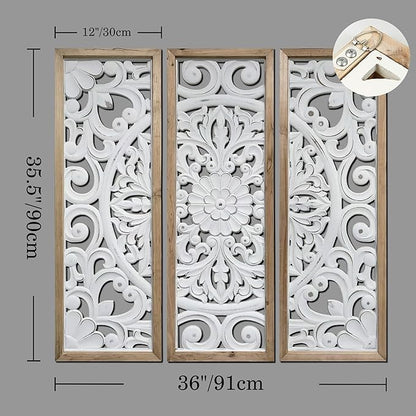 XIAOAIKA Wood Wall Art Vintage Carved Panels, Rustic Farmhouse Wall Decor with Solid Wood Frame, White Distressed Floral Scroll Design, Boho Artwork for Living Room Bedroom, Set of 3 Each 35.5" x 12"