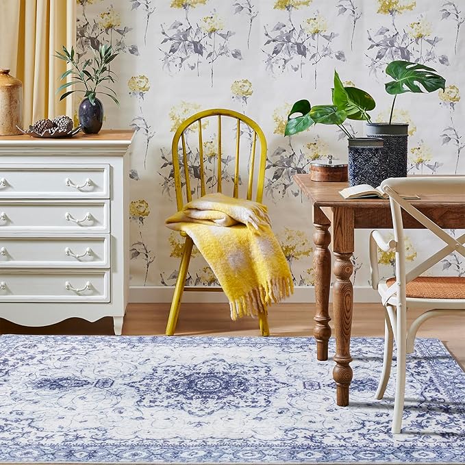 Sofrug Area Rug 8x10 - Vintage Floral Honeycomb Non Slip Backing Carpet - Blue Softer Thicker Faux Wool Rug - Lightweight Machine Washable Rugs for Living Room Bedroom Dining Room Home Office