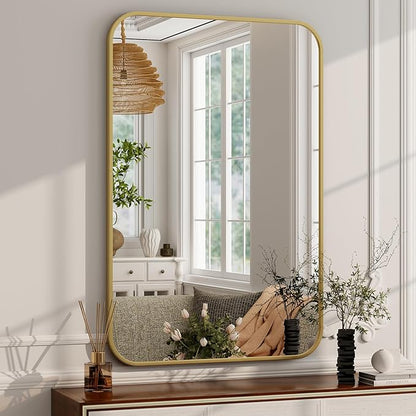 Easly 26 x 38 Inch Bathroom Mirror, Rounded Rectangular Vanity Mirror for Wall, Modern Mirror for Room Decor, Gold Framed Wall-Mounted Mirrors for Home Decor, Hangs Horizontally or Vertically