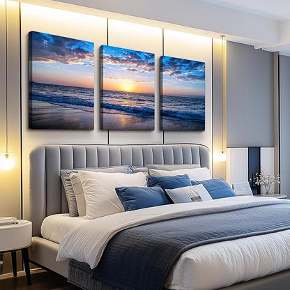 Canvas Wall Art For Living Room Sunrise Blue Sea View Landscape Wall Decor Canvas Prints Artwork Ocean Ready To Hang For Modern Bedroom Bathroom Office Home Decoration 20" X 28" 3 Pieces Framed Panels