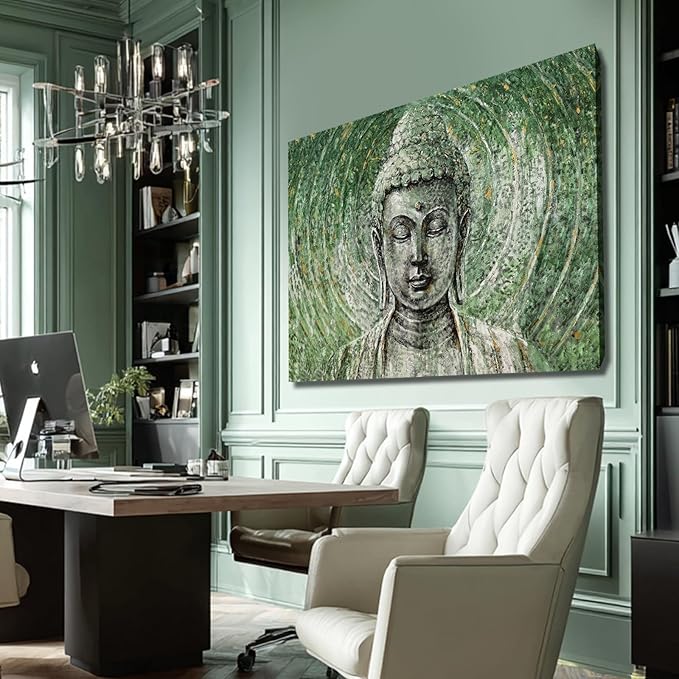 ZENPEE Large Green Buddha Wall Art 32x48 Inch, Zen Canvas Wall Art for Living Room Bedroom, Spiritual Meditation Wall Decor, Buddha Print for Home