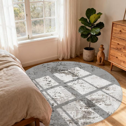 ROYHOME Modern Abstract 6x6 Round Area Rug Non Slip Non Shedding Rug Low Pile Stain Resistant for Bedroom Living Room Office Dining Room,Taupe/Beige