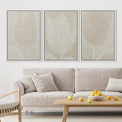SIGNLEADER Framed Canvas Print Wall Art Set Neutral Beige Tulip Subtle Dot Pattern Illustrations Minimal Decorative Bohemian Nordic for Living Room, Bedroom, Office - 24"x36"x3 WHITE