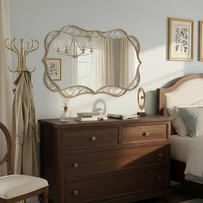 Besdomus Bathroom Gold Large Mirror: 30"x48" Scalloped Modern Brass Gold Wall Mounted Mirror - Farmhouse Vanity Mirror Vertical or Horizontal Hanging - Home Decor for Entryway/Fireplace/Bathroom