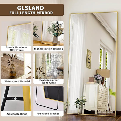 GLSLAND 76"x34" Full Length Mirror Extra Large Hanging or Leaning Rectangle Mirror Aluminum Alloy Thin Frame Bedroom Floor Dressing,Gold