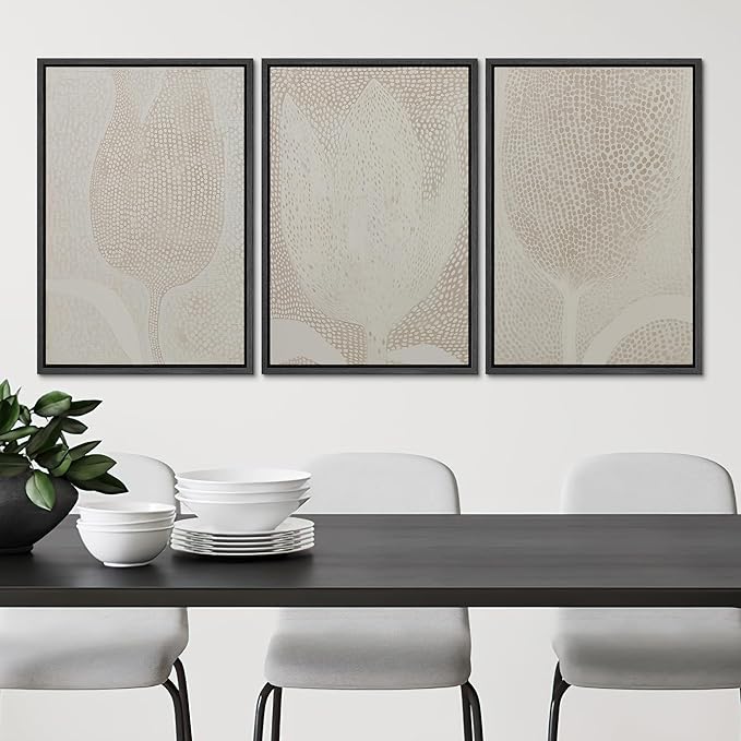 SIGNLEADER Framed Canvas Print Wall Art Set Neutral Beige Tulip Subtle Dot Pattern Illustrations Minimal Decorative Bohemian Nordic for Living Room, Bedroom, Office - 16"x24"x3 BLACK