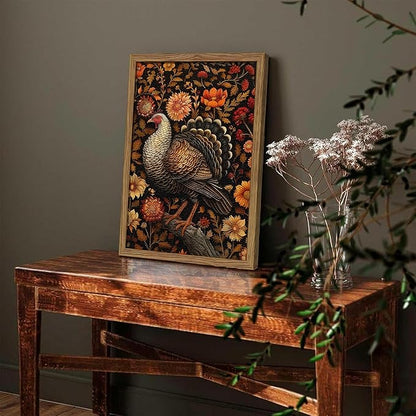 Framed Vintage Turkey 3D Textures Wall Art – Fall Floral Thanksgiving Wall Decor, Rustic Autumn Harvest Bird Artwork Painting for Living Room Kitchen Dining Room – 12x16in