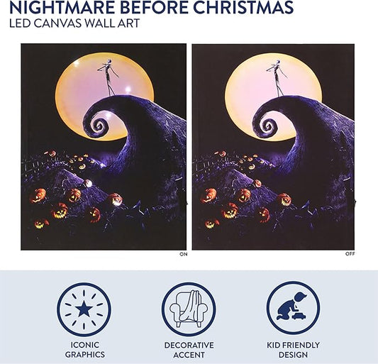 Nightmare Before Christmas LED Light Up Canvas Wall Art featuring Jack Skellington, 11"W x 14"H