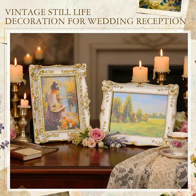 Geetery 4 Pcs Vintage Picture Frames Set, White Ornate Baroque Frames for Gallery Wall, Antique Victorian Decorative Photo Frame for Tabletop or Wall Display, Shabby Cottagecore Home Decor