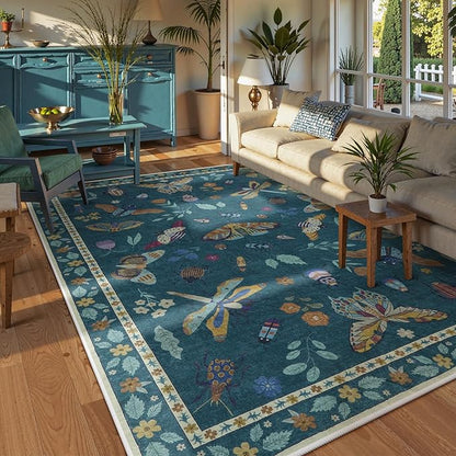 Lahome Insect Print Washable Rugs for Living Room, Soft Area Rug 6x9 Rug for Bedroom Ultra-Thin Dining Room Rug, Stain Resistant Large Carpet for Office Nursery Vionnet(6'x9',Dark Green)