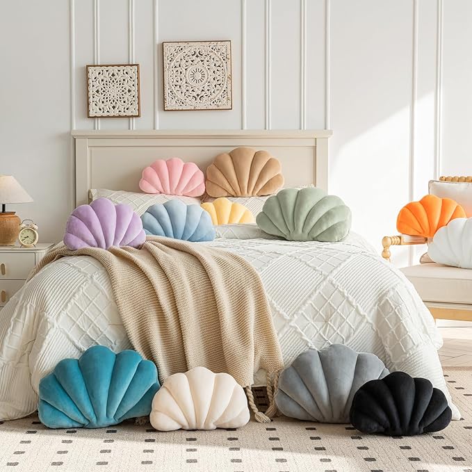 Shell Pillow, Shell Shaped Decorative Throw Pillows with Velet for Couch Bed, Cute Seashell Beachy Room Decor Aesthetic Throw Pillows for Bedroom Living Room(18x13 Inches, Dusty Blue)