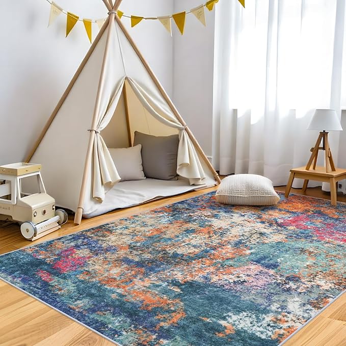 RUUGME 5X7 Area Rug Colorful - Modern Abstract Washable Area Rugs for Living Room Non-Slip Carpet for Bedroom Nursery Office - Soft Low Pile Stain Resistance Floor Mat for Home Decor (5x7 Colorful)