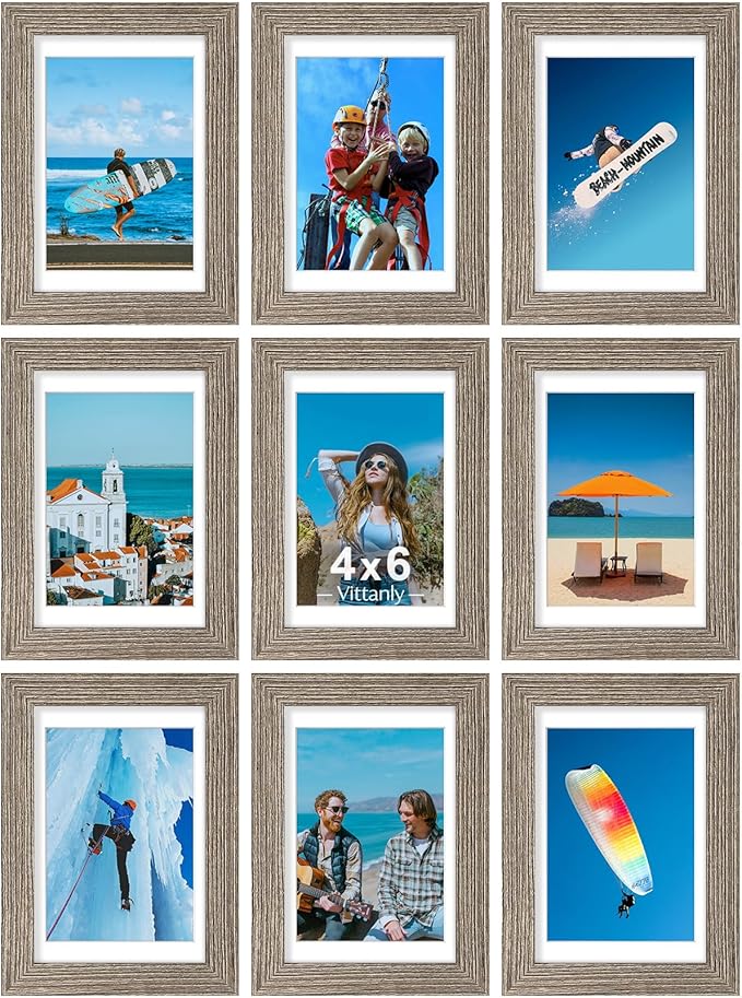 Vittanly 4x6 Picture Frames Set of 9, Display 3.5x5 Pictures with Mat or 4x6 without Mat, Photo Frames for Wall or Tabletop with Plexiglass, Engineered Wood, Grayish Brown