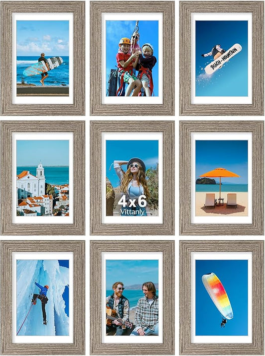 Vittanly 4x6 Picture Frames Set of 9, Display 3.5x5 Pictures with Mat or 4x6 without Mat, Photo Frames for Wall or Tabletop with Plexiglass, Engineered Wood, Grayish Brown