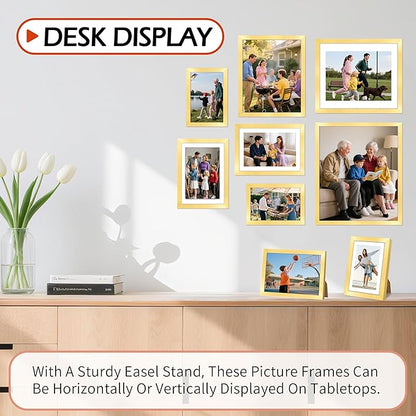 5x7 Picture Frames 8 Pack, Gold Frames for Wall or Tabletop Display, Photo Frame Collage with HD Plexiglass for Home Office Wall Decor, Display Pictures 4x6 with Mat or 5x7 Without Mat