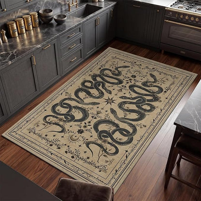 Garvee Snake Gothic Washable Rug 5x7 Dark Whimsical Moody Witchy Unique Soft Thin Carpet for Living Room Bedroom Playroom Indoor Decor Low Pile TPE Backing Taupe