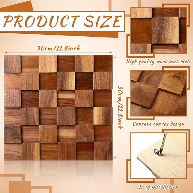 RattanView 3 Pcs 3D Wood Wall Art 11.8'' x 11.8'' Rugged Mosaic Wood Wall Decor Rustic Block Wooden Wall Art Vintage Brick Carved Wall Art for Living Room Bedroom Aesthetic, Ready to Hang