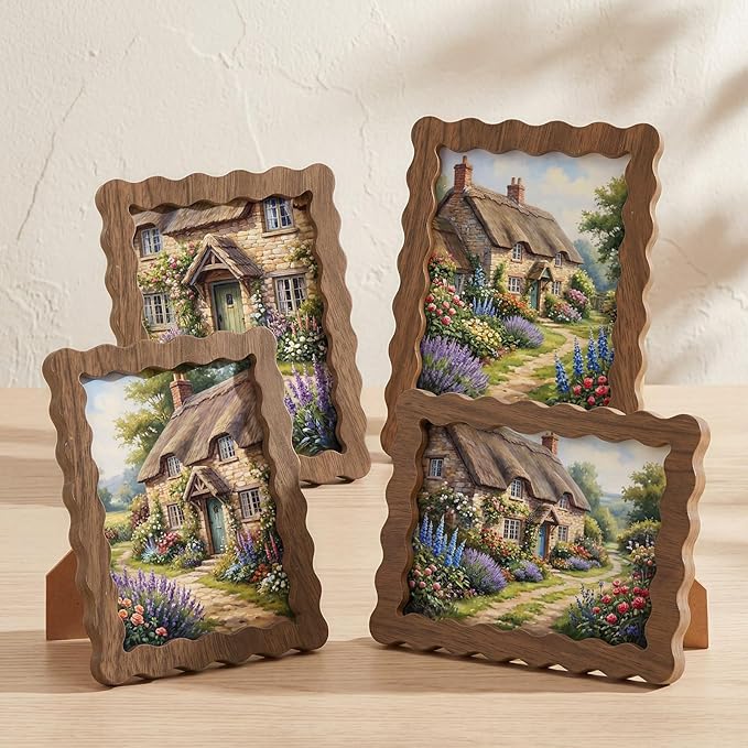 Novabright 4 Pcs 5 x 7 Inch Wood Wavy Edge Picture Frame Vintage Wooden Photo Frame with Real Glass for Tabletop and Wall Display Home Decor Photo Gallery Family Friend Wedding Graduation Gift
