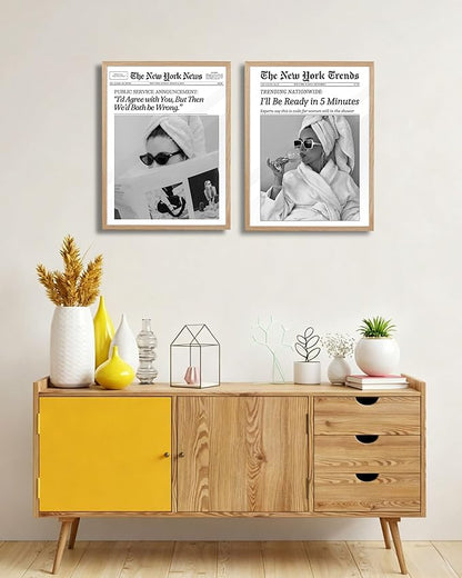 EcoHest 12x16 in Beige OAK Wood Framed Wall Art, Trendy Newspaper I'll Be Ready in 5 Minutes Print, Feminist Makeup Canvas Wall Art Home Decor, Retro Bathroom Decor, Set of 1 For Bedroom Living Room