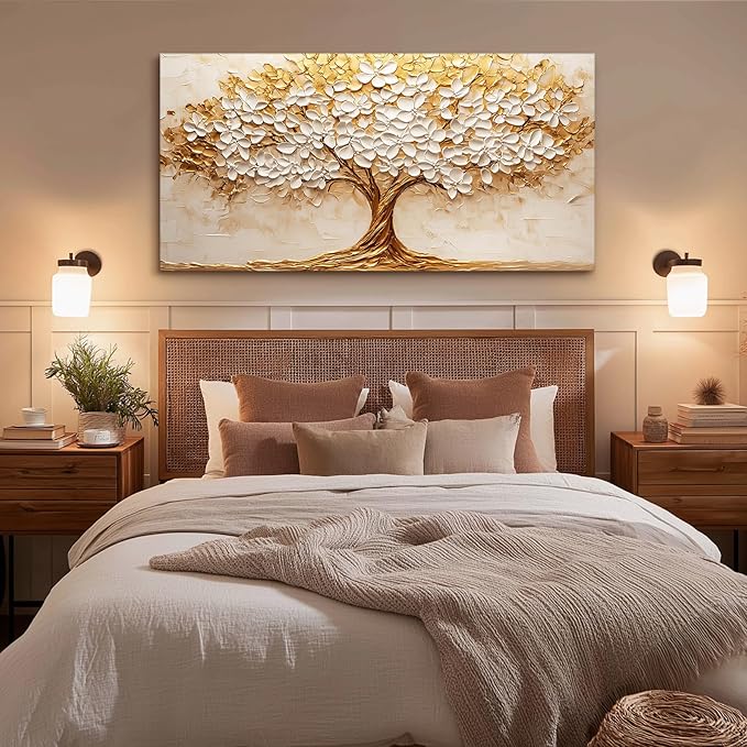 crmotu Tree of Life Wall Art, White Gold Tree Extra Large Canvas Paintings, Nature Landscape Abstract Art Prints, Modern Aesthetic Pictures Wall Decor Living Room Office Ready to Hang 29x57 Inch