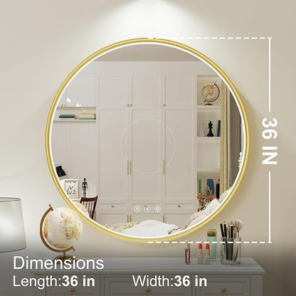 36 Inch Round LED Bathroom Mirror with Bluetooth, 3 Color Temperatures (3000K/4500K/6000K), Anti-Fog, Adjustable Brightness, CRI 90+, Gold Frame Round Mirror with Light