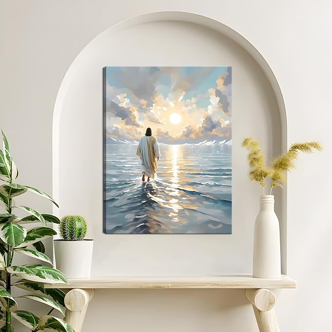 Jesus Canvas Wall Art, Christian Wall Decor of Jesus Walking on Water, Inspirational God Picture for Living Room, Prayer Room or Church, Catholic Religious Artwork – 16"x24" Framed