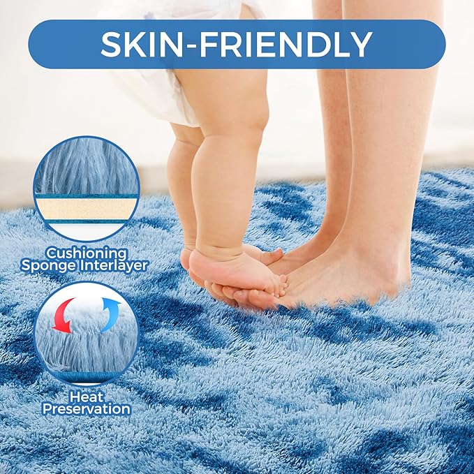 Ultra Soft Rug for Living Room, 5X8 Fluffy Shag Area Rug for Bedroom, Modern Shaggy Carpets Fuzzy Rug for Teens Dorm Nursery Home Decor Aesthetic, Upgrade Anti-Skid Durable, Tie-Dyed Blue Grey