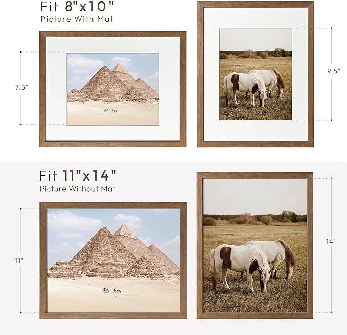 11x14 Picture Frame, Solid Oak 11x14 Photo Frame with Mat to 8x10 (Openning Size is 7.6x9.6), 14x11 Wooden Frames for Wall, (Walnut Set of 1)