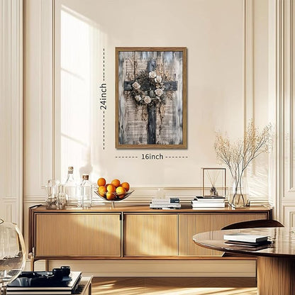 Wood Framed Vintage Cross Christian Wall Art, White Rose Wreath Canvas Paintings Prints Posters Wall Decor, Retro Religious Music Score Church Decor Suitable for Study Prayer Room 16x24 inch